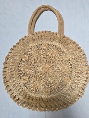 Vintage Handmade Round Raffia Floral Handbag Woven Straw Beach Purse Cottagecore